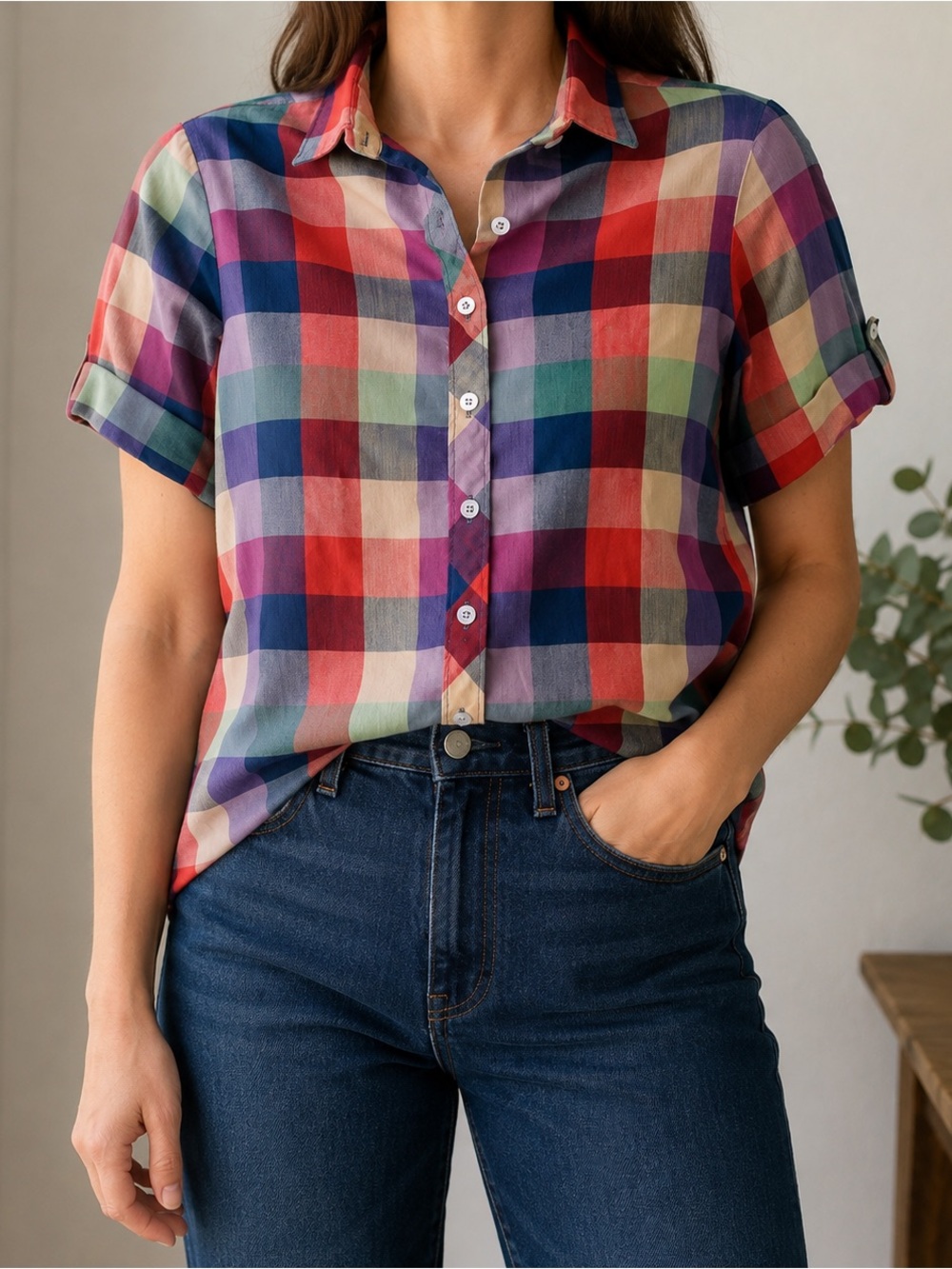 Alfred Dunner Vintage Womens Multicolor Plaid Button-Up Shirt Size 10